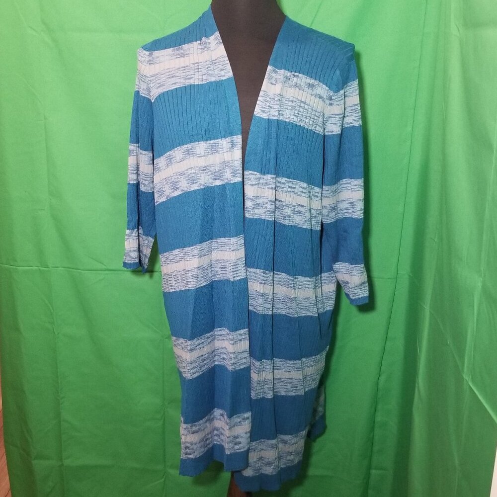 Lane Bryant Size 26/28 Teal Stripe Long Cardigan Sweater Open Front Retro‎ Boho